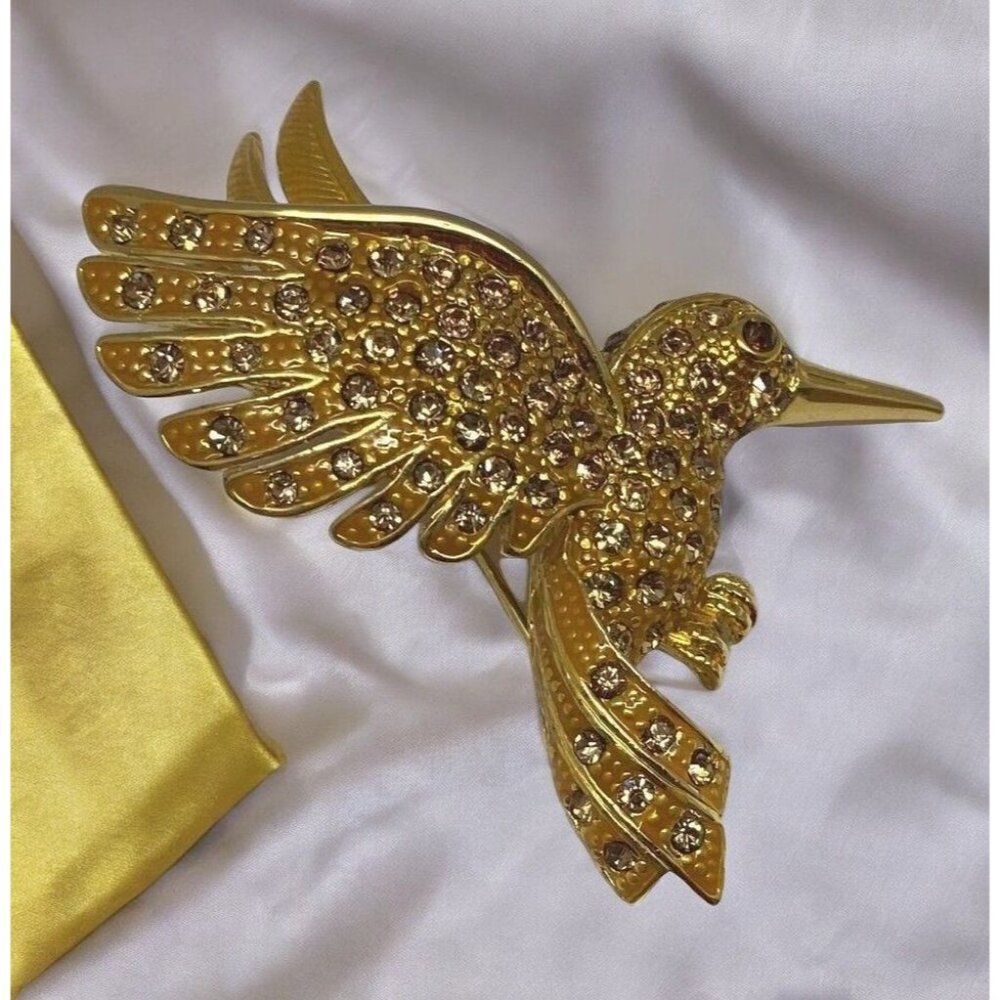 Vintage Hummingbird in Flight Brooch Pin Gold Tone Rhinestone Flying Bird